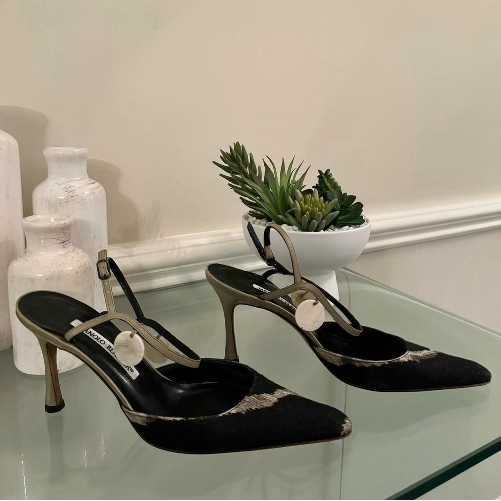 Manolo Blahnik Green&Black Canvas Striped Slingback heels with cream/sage discs